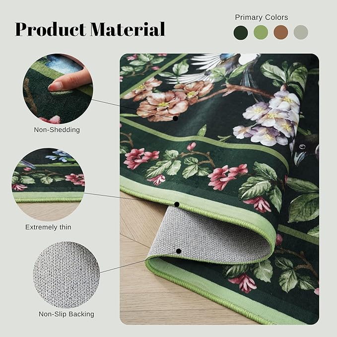 Runner Rug for Kitchen 2'6"x8' Washable Rugs with Rubber Backing Soft Floral Bird Magpies Floral Animal Carpet Runner for Kitchen, Laundry, Bedroom, Bathroom (Green)