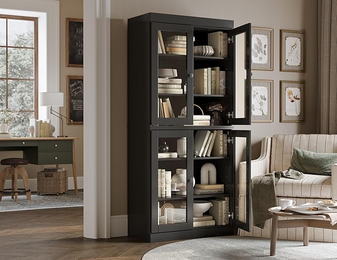 Palace Imports Solid Wood Bookcase - 6-Tier Bookshelf, 71.5” H x 32” W - Black, Clear Glass Cabinet Doors & Adjustable Shelves, Tall Bookcase, 100% Renewable Eco-Friendly Wood, Made in Brazil