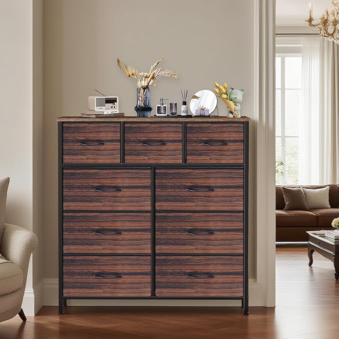 Dresser for Bedroom with 9 Drawers, Chest of Drawers, Storage Drawers Organizer Unit, Black Wide Fabric Dresser with Fabric Bins for Closet, Living Room, Entryway (Brown and Rustic Brown)