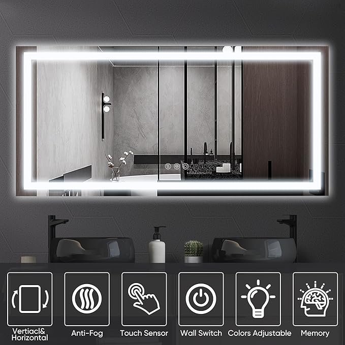 Antok 72"x 32" LED Bathroom Mirror with Lights, Anti-Fog, Dimmable, Lighted Vanity Mirror with Tempered Glass, Memory Function, 3 Light Modes, Safe Use, Horizontal, Vertical