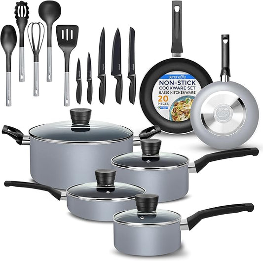 20-Piece Nonstick Kitchen Cookware Set - PTFE/PFOA/PFOS Free Heat Resistant Lacquer Kitchen Ware Pots Pan Set w/Bakelite Handles, Saucepan, Frying Pans, Lid, Knife Set - SereneLife SLCW20GRY (Gray)