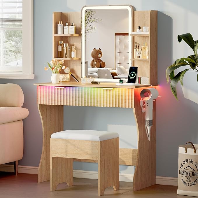 Vanity Desk with LED Lights Mirror & Power Outlet, Small Makeup Vanity Table Set with Storage Drawers & Chair, 3 Lighting Modes & Adjustable Brightness, Dressing Table for Women Girls Bedroom, Oak