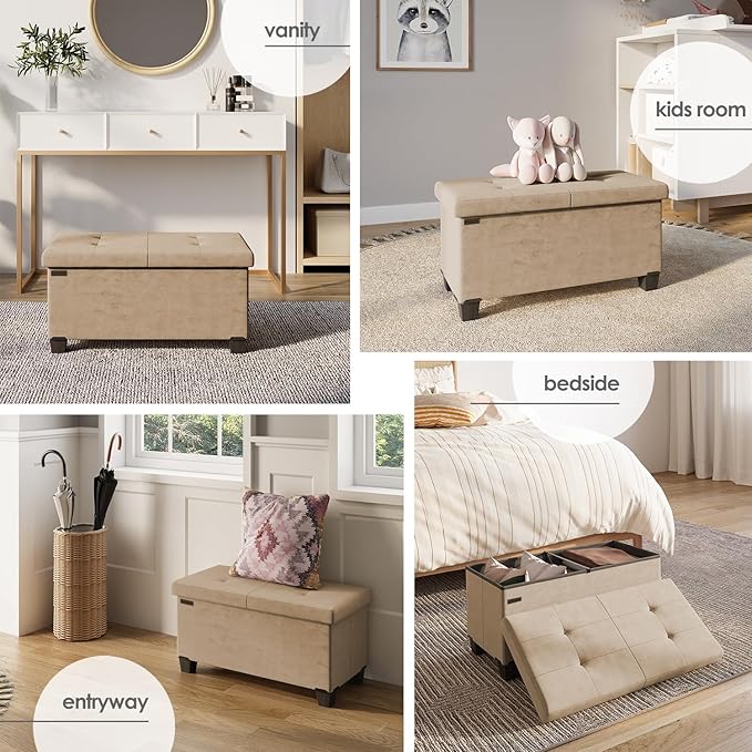 STORAGEBUD Storage Ottoman Bench with Bins, 30-in Storage Bench for Bedroom End of Bed, Folding Foot Rest Ottoman for Living Room Max 660lbs, Velvet Ottomans, Taupe