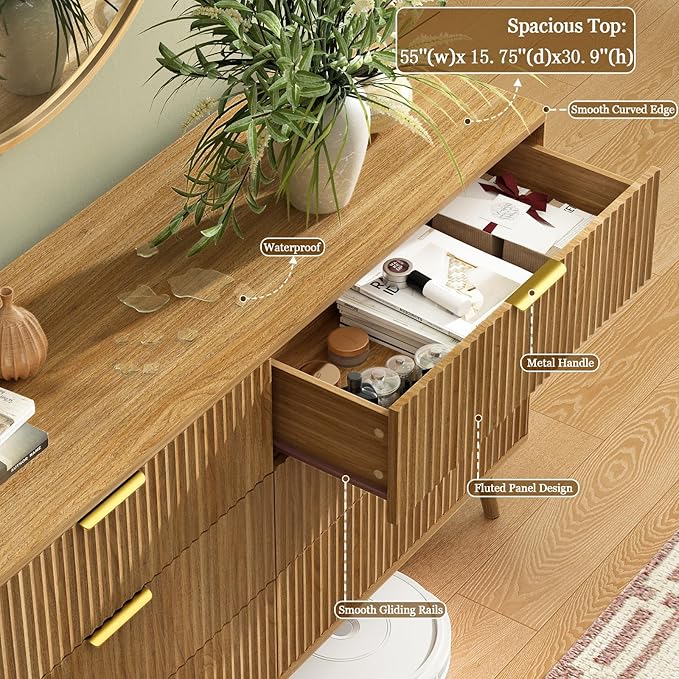 CARPETNAL Fluted 6 Double Drawers Dresser for Bedroom, 55”Wide Modern Chest of Drawers with Deep Drawers,Curved Profile Design, Wood Drawer Organizer for Bedroom Living Room, Hallway, Natural Oak