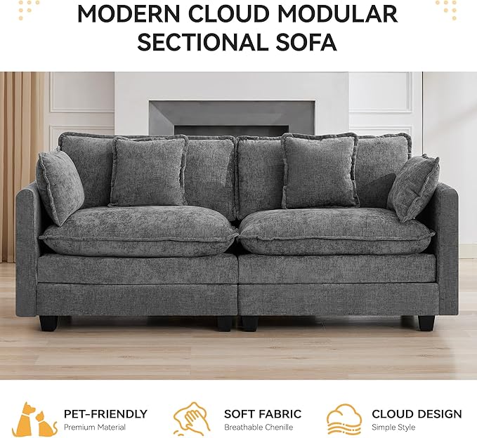 76'' Cloud Deep Seat Loveseat, Upholstered Chenille Modular 2-Seats Sectional Sofa Couch, Modern Comfy Settee Loveseat for Living Room Set, Small Apartment, Grey