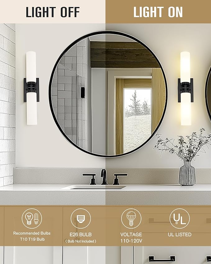 Emak Black Vanity Lights for Bathroom, Modern Farmhouse 2-Light Bathroom Light Fixtures Over Mirror with Milk Glass Shade, 21 Inch Cylinder Wall Sconces, VL086-BK-ML-2