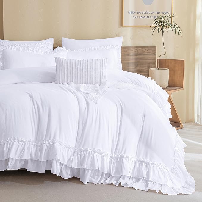 QSH White Comforter Full with Ruffles,3PCs Shabby Boho Chic Farmhouse Bedding Comforter Set Full Size Soft Vintage Fluffy Microfiber White Ruffle Bedding Set