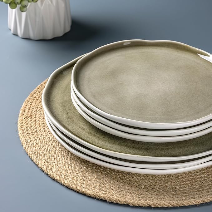 LERATIO Ceramic Dinnerware Sets for 6,Porcelain Plates and Bowls Sets with Wavy Edge,Microwave & Dishwasher & Oven Safe,Light Weight & Scratch Resistant Dishes Sets-Olive Green