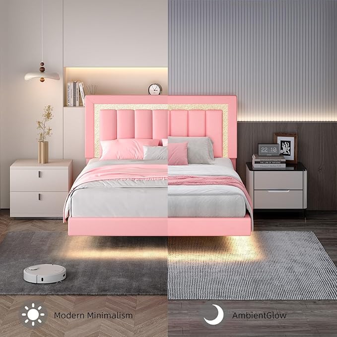 HOMBCK Floating Bed Frame Queen with Smart LED Lights, Faux Leather Upholstered Bed with Diamond PU Headboard, No Box Spring Needed, Noise-Free, Easy Assembly, Pink