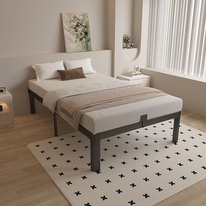 16 Inch Twin Bed Frames with Metal Baffles, Black Twin Metal Bed Frame No Box Spring Needed, Heavy Duty Steel Supprt to 3500LBS, Rounded Corner Design, Noiseless, Easy Assembly