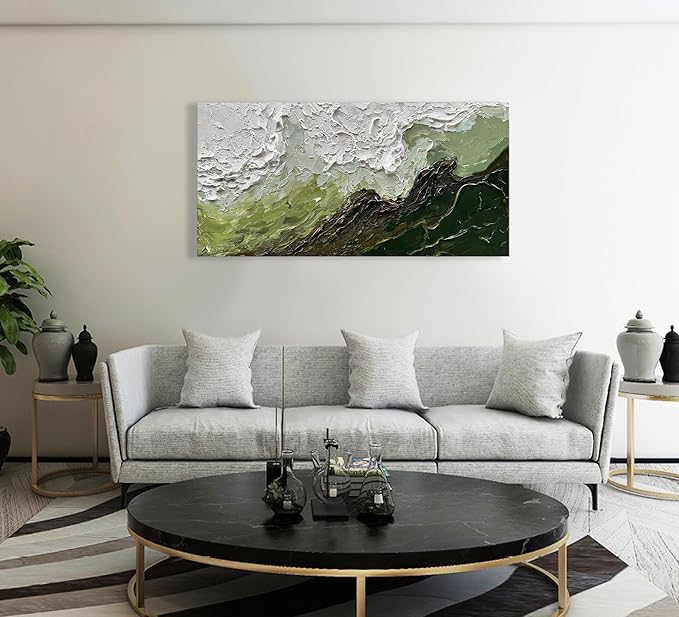 Art 24x48 Inch Hand-Painted Green and White Texture Oil Painting Modern Abstract Canvas Art Home Wall Decoration