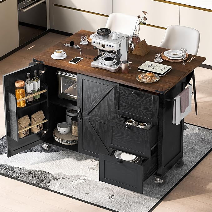 Merax 54.5" Upgraded Kitchen Cart Island on Wheels with Power Outlet,Drop Leaf and 3 Side Drawers,Farmhouse Wood Frame Storage Cabinet