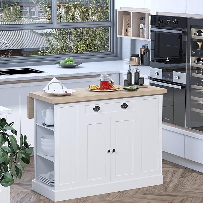 HOMCOM 47" Fluted-Style Wooden Kitchen Island, Kitchen Countertop Storage Cabinet with Drop Leaf, Drawer, Open Shelves, Storage, White