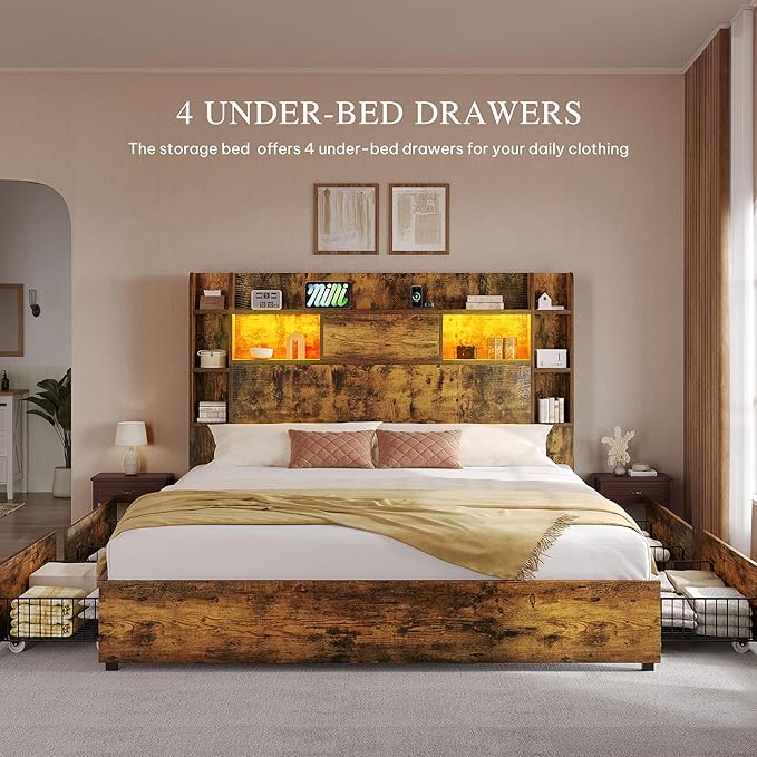 YITAHOME King Bed Frame with Bookcase Headboard and 4 Storage Drawers, RGB LED Lights Bed with Type-C & USB Charging Station Storage Headboard Bed Frame, No Box Spring Needed, Noise Free, Rustic Brown