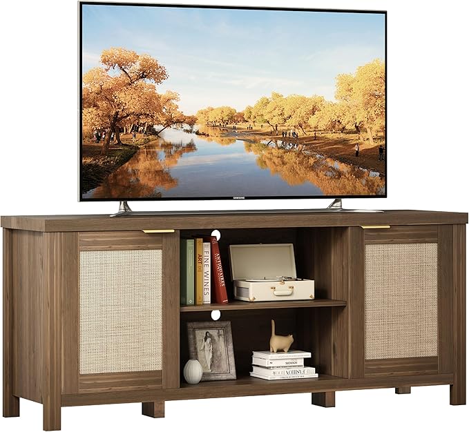 TV Stand for 65 inch TV, Modern Mid Century Entertainment Center with Storage, Media Consol with Natural wood rattan Door Cabinets and Open Shelves, Wooden, for Living Room, Bedroom, MLTV21RB
