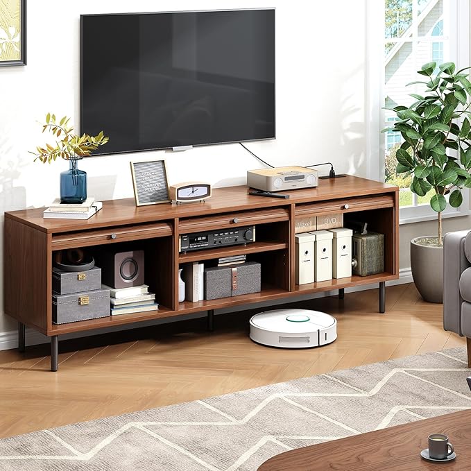68 Inch TV Stand for TVs up to 75 Inch, Entertainment Center with Power Outlet, Mid-Century Modern TV Console with Storage, Adjustable Shelf & Sliding Doors, TV Stand for Living Room, Walnut