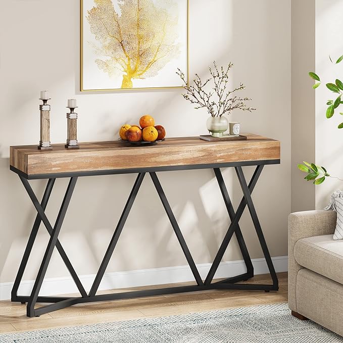 Tribesigns 55 Inches Console Table, Farmhouse Sofa Table Wood Entryway Table with Unique Metal Base, Behind The Couch Table Foyer Table, Industrial Accent Table for Hallway, Living Room, Entrance