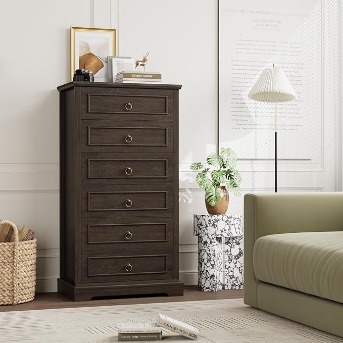 HOSTACK 6 Drawer Dresser for Bedroom, 52" Tall Dresser, Modern Farmhouse Vertical Chest of Drawers for Bedroom, Wooden Closet Chest, Wood Storage Cabinet for Living Room, Entryway, Dark Brown