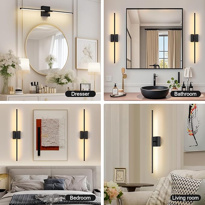 Battery Operated Wall Sconce Set of Two with Remote Control, 3000K-6000K Dimmable Black Wall Lights, Timable LED Wireless Wall Sconces, 350° Ratate for Bathroom, Living Room, Hallway 29.1 Inch