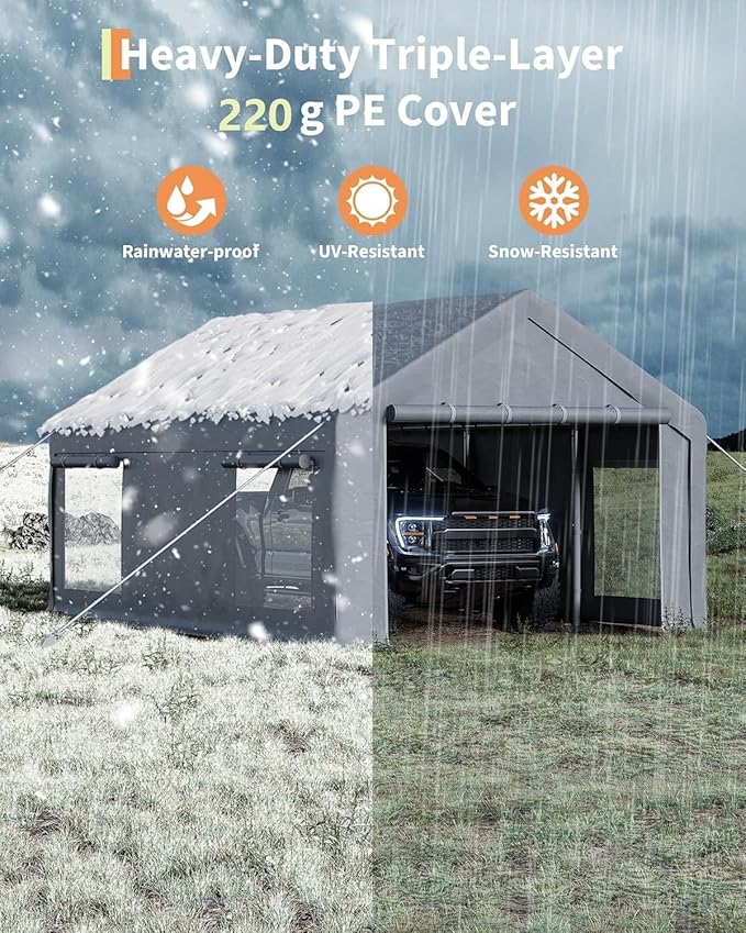 13 x 20FT Heavy Duty Carport with Roll-Up Windows, Portable Garage with Removable Sidewalls & Doors, Portable Car Tent Garage with Roll-Up Windows and All-Season Tarp, for Car, Truck,