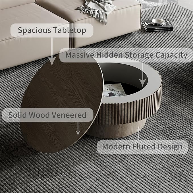Round Coffee Table for Living Room, Accent Fluted Drum Coffee Table with Storage, Modern Solid Wood Veneered Circle Center Tea Table for Small Space Apartment (31.5''D×14''H-Grey)