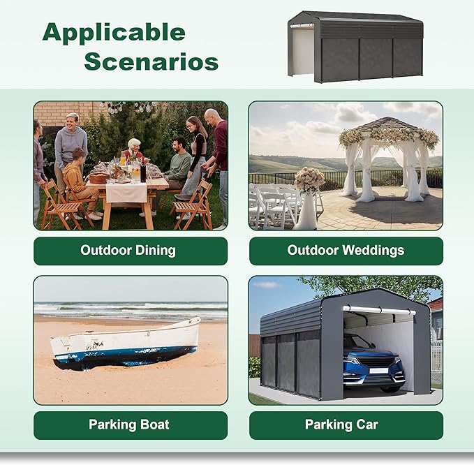 Metal Carport Kit 10x15 FT Heavy Duty Galvanized Garage Shed for Car Truck Boat Outdoor All Weather Sunshade Canopy Tent Car Shelter with Tarpaulin Sidewalls Enhanced Base Sloped Top