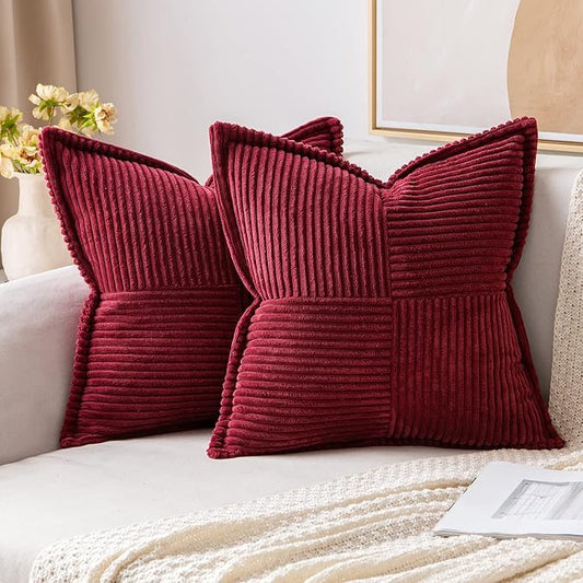 MIULEE Christmas Decorative Euro Sham Throw Pillow Covers for Couch Bed Livingroom 24x24 Inch Set of 2 Burgundy Boho Accent Throw Pllows Broadside Striped Patchwork Soft Corduroy Pillowcases