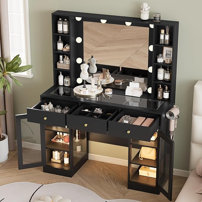 Makeup Vanity Desk with Mirror and Lights, Black Vanity with Glass Top, LED Lights & Power Outlet, 3 Drawers & 2 RGB Glass Cabinets, Adjustable Lighted Dressing Table for Women & Girls Bedroom