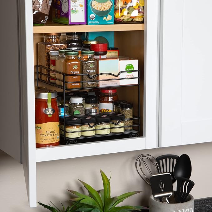 Pull Out Cabinet Organizer for Spices, Cans - Heavy Duty with Lifetime Limited Warranty- Pull Out Spice Rack- Cabinet Pull Out Shelf for Cans,Dishes, Etc, 20-3/8"Wx 10-1/2"D x 2-3/4” H, Black