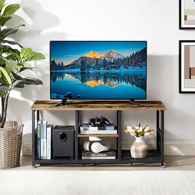 VECELO TV Stand Up to 50 Inches, 39 Inch Industrial Entertainment Center Media Console with Open Storage Shelves, Wooden Coffee Table with Metal Frame, Brown