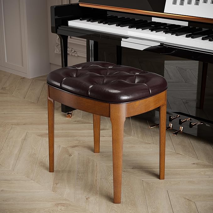 Solid Wood Button Tufted Vanity Stool, Ottoman Stool with Wood Legs & Padded Seat PU Leather Upholstered Piano Bench with Non-Slip Foot Pads Accent Chair for Bedroom Entryway, Dark Brown