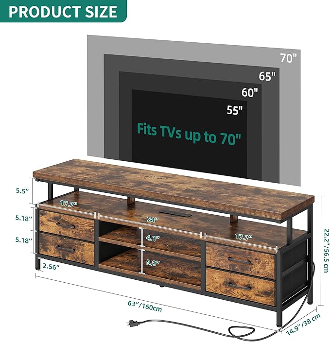 YITAHOME TV Stands for Living Room, 70 inch TV Stand, Entertainment Center with Storage & Power Outlets, LED TV Stand, TV Console Cabinet, Rustic Brown
