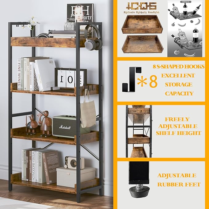 HCHQHS 4 Tier Bookshelf, Adjustable Industrial Bookcase, Vertical Tall Book Shelf, Wood and Black Metal Open Bookshelves for Home Office, Living Room, Bedroom