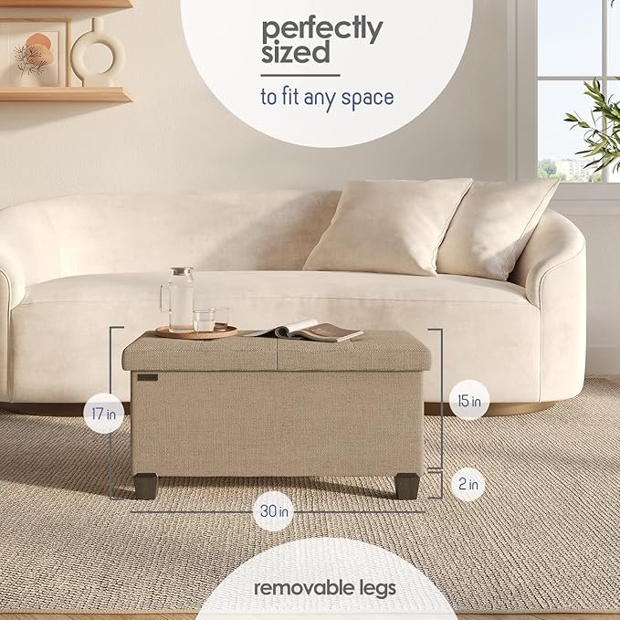 STORAGEBUD Storage Ottoman Bench with Bins, 30-in Storage Bench for Bedroom End of Bed, Folding Foot Rest Ottoman for Living Room Max 660lbs, Fabric Ottomans, Taupe
