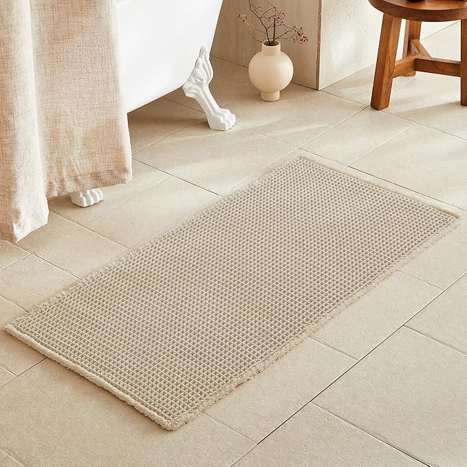 Pale Beige Bathroom Rug, Waffle Bath Mat Non Slip Washable Super Absorbent Quick Dry Boho Farmhouse Bathroom Decor, 48''x24'' Pale Beige