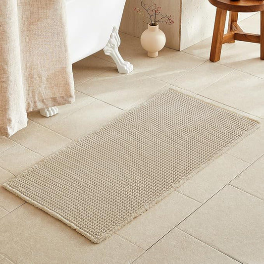 Pale Beige Bathroom Rug, Waffle Bath Mat Non Slip Washable Super Absorbent Quick Dry Boho Farmhouse Bathroom Decor, 48''x24'' Pale Beige
