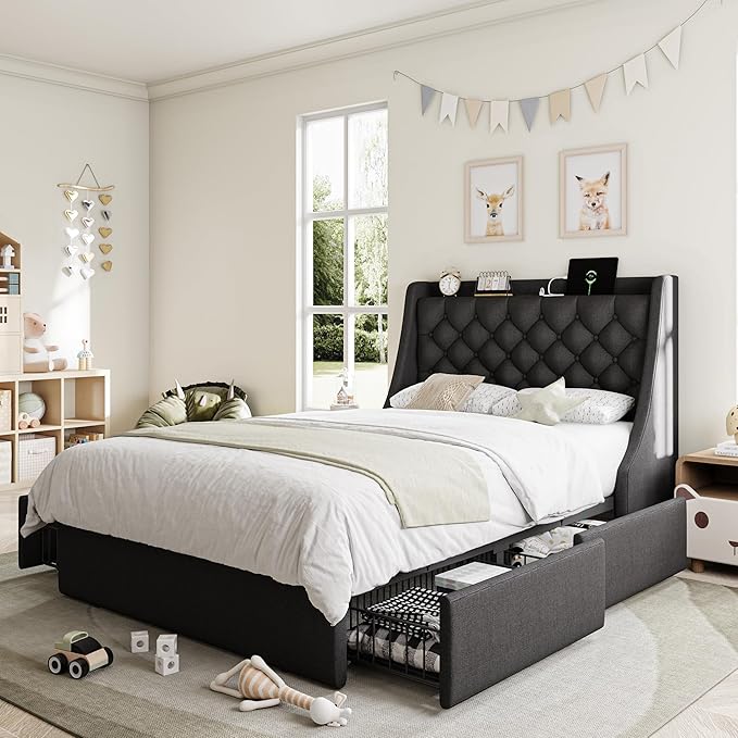 Twin Bed Frame with 4 Storage Drawers, Giant Upholstered Wingback Headboard, Fast Charging Station, No Box Spring Needed, Noise-Free, Black