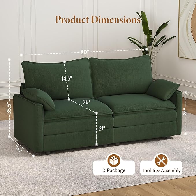 Vesgantti 74" Loveseat Sofa for Living Room, Comfy Cloud Couch Deep Seat Chenille Modern 2 Seater Small Sofa with Armrest Pillow, Easy Assembly for Small Spaces, Green