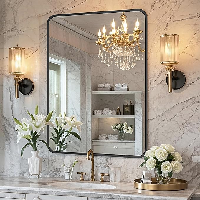 24"×36" Bathroom Mirror for Wall, Modern Bathroom Vanity Mirror, Black Bathroom Mirrors for Over Sink with Metal Framed HD Tempered Glass Hangs Horizontally or Vertically