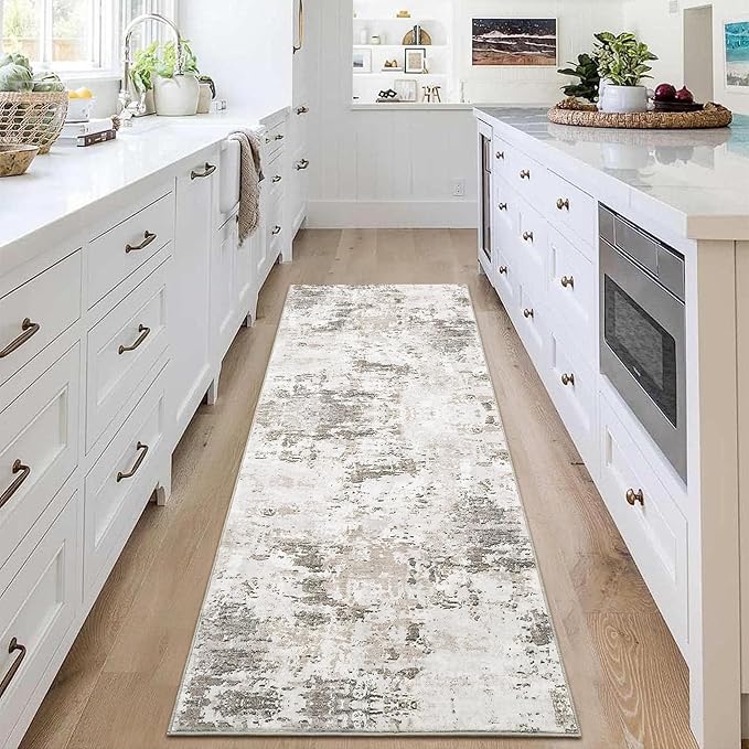 2x6 Modern Abstract Runner Rug Non Slip Soft Stain Resistant Low Pile Machine Washable Non Shed Rug for Hallway Kitchen Bathroom, Taupe/Beige