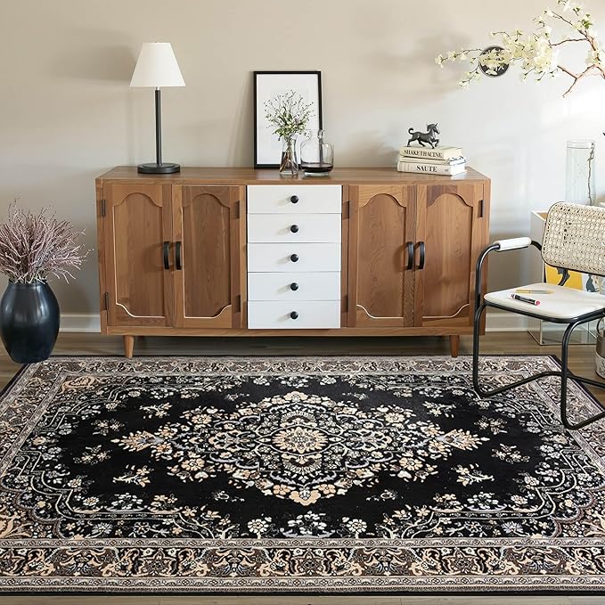 Vintage Area Rug 5x8 Rugs, Machine Washable Vintage Area Rug Non-Slip Low Pile Large Rug for Living Room, Bedroom, Farmhouse, Dining Room, Black