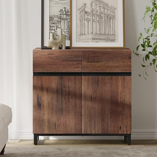 WAMPAT Modern TV Stand for 75-110 Inch TVs, Wooden Entertainment Center TV Console with Metal Base and Adjustable Shelves for Living Room, Bedroom, 31.5 Inch, Brown