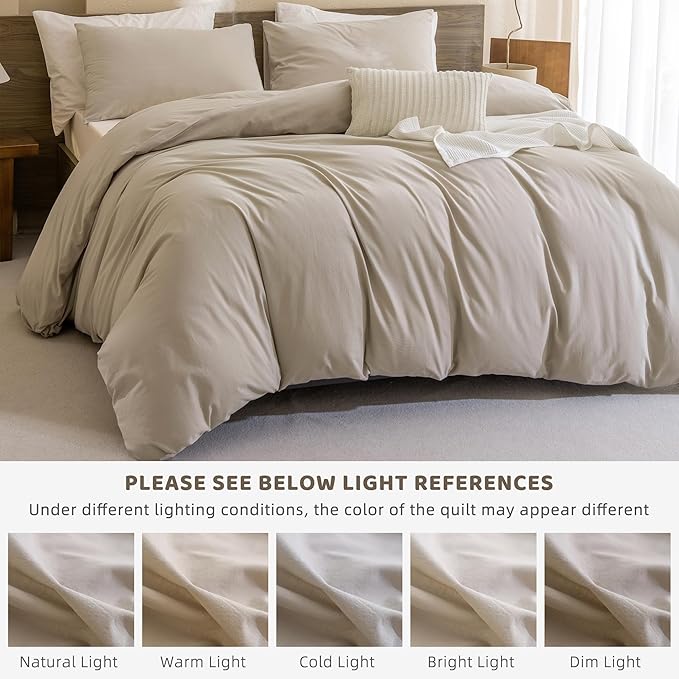 Sanracie Cotton Comforter Set Queen,Linen Like Textured Bedding Comforter for Queen Size Bed 3 Pieces(1 Solid Comforter and 2 Pillowcases) Soft Lightweight Bedding Set