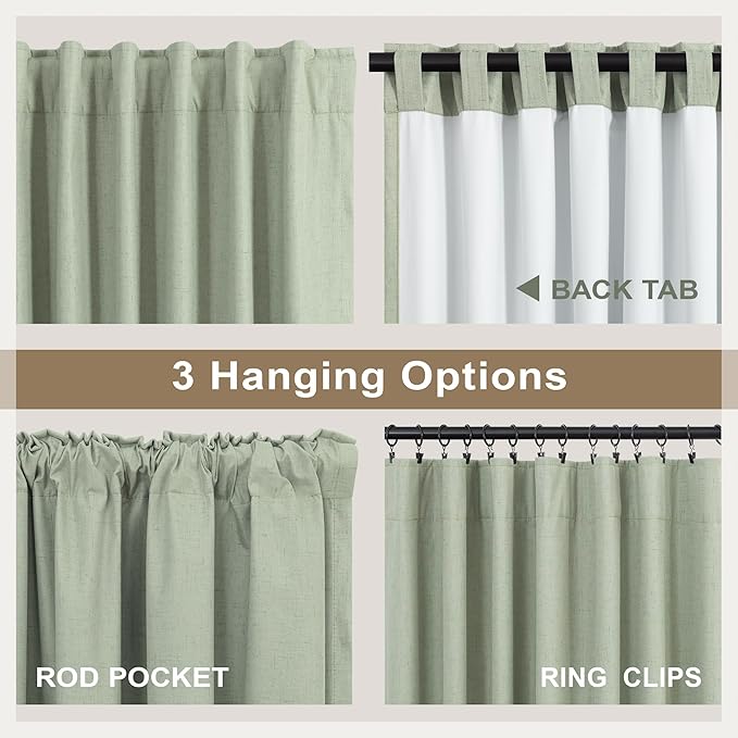 Sage Green Curtains 84 Inch Length 2 Panels Set for Bedroom Back Tab Blocking Light Sage Boho Blackout Linen Drapes Thermal Insulated Black Out Room Darkening Window Curtain for Living Room 52x84 Long