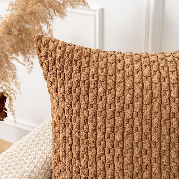 Kevin Textile Throw Pillow Covers Soft Corduroy Decorative Set of 2 Boho Striped Pillow Covers Pillowcases Farmhouse Home Decor for Couch Bed Sofa Living Room 16x16 Inch Khaki