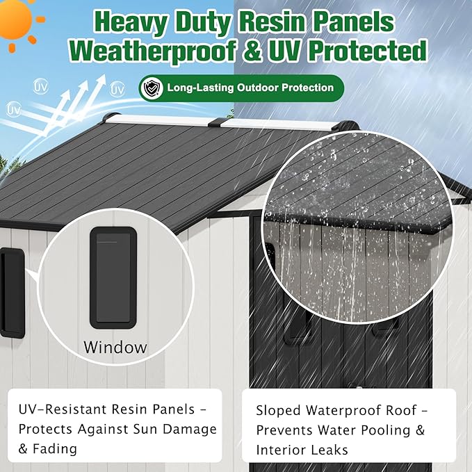 EAGLE PEAK 8x8 Resin Outdoor Storage Shed, Weatherproof Garden Shed with Floor & Lockable Doors, Tool & Equipment Storage for Backyard or Patio, White/Gray