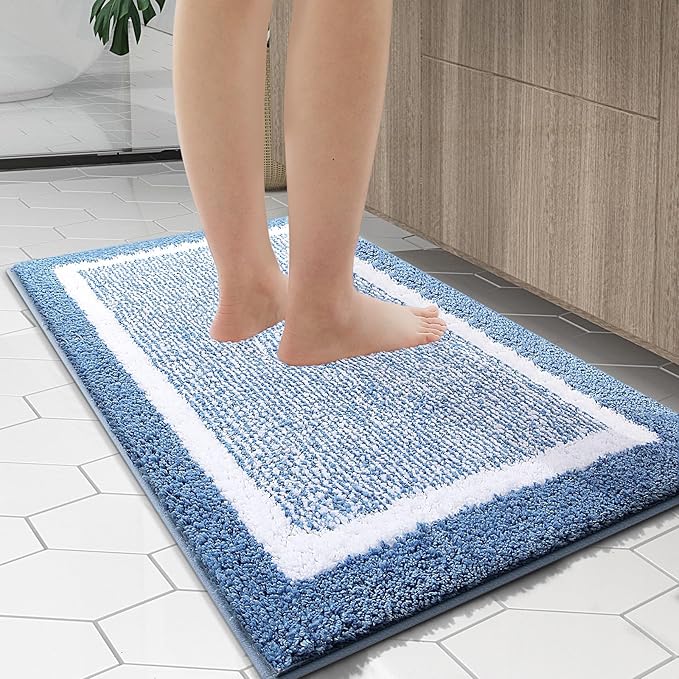 OLANLY Bathroom Rugs 47x24, Extra Soft and Absorbent Microfiber Bath Mat, Non-Slip, Machine Washable, Quick Dry Shaggy Bath Carpet, Suitable for Bathroom Floor, Tub, Shower (Runner, Blue)