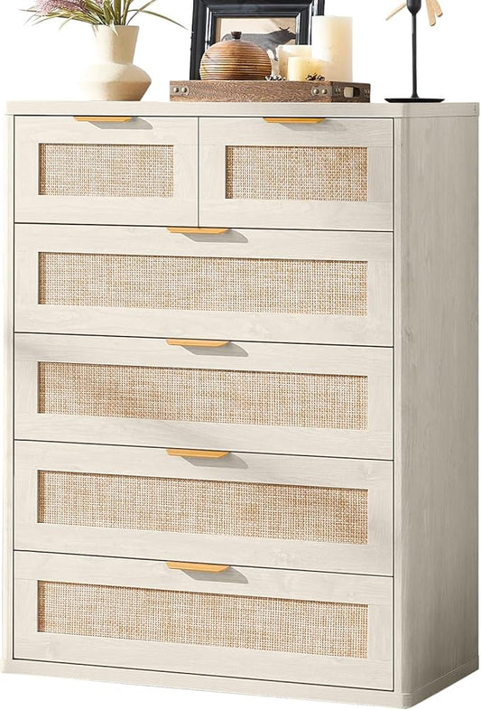 LEYAOYAO White Dresser for Bedroom, 41" Tall Chest of Drawers, Modern 6 Drawers Boho Rattan Dressers with Storage, Dresser Wooden Closet Organizer for Living Room, Hallway