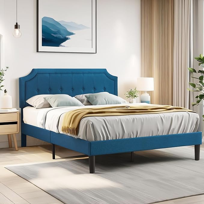 VECELO Full Size Platform Bed Frame with Fabric Upholstered Headboard and Wooden Slats Support, No Box Spring Needed/Easy Assembly,Blue