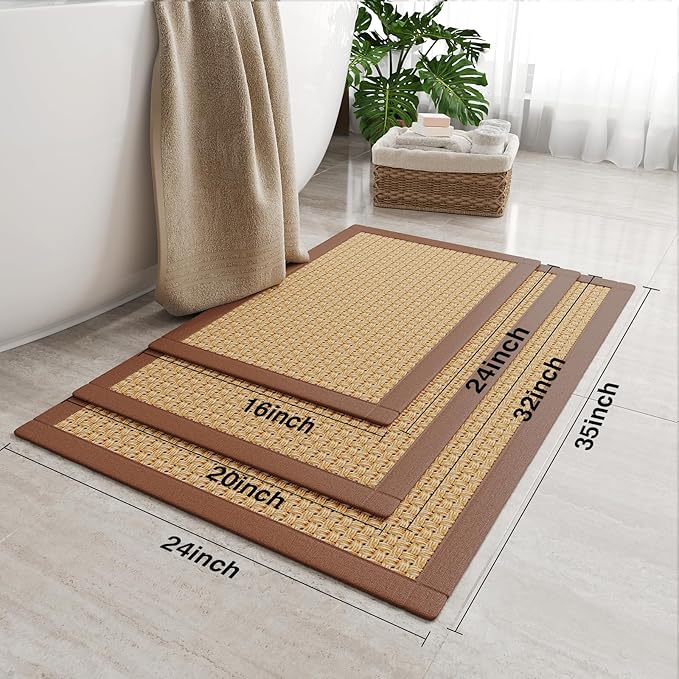 Non Slip Ultra Thin Bathroom Rugs Mat 20x32, Bath Mat for Bathroom Quick Dry Absorbent Bathroom Mat Floor Rubber Backed Fit Under Door, Woven Washable Bath Rugs, Brown